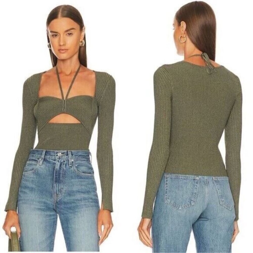 New Simkhai Alexia Marled Ribbed Knit L/S Olivine Multi Halter Tie Top Medium